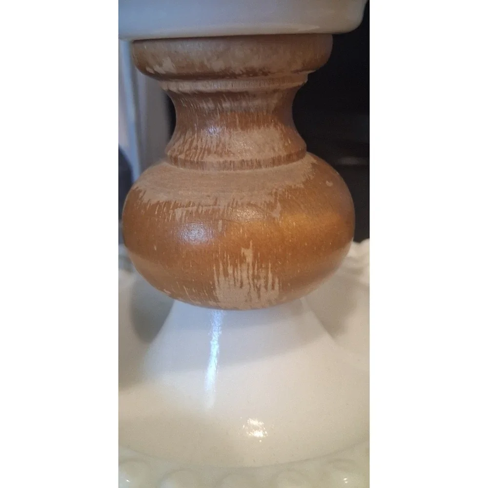Vintage Hobnail Milk Glass Table Lamp White Wood Base Mid Century Modern Decor